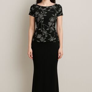 Vtg Black Silver Sequin Floral XL S/S Scoop Neck Bling Fairy Whimsygoth Ethereal